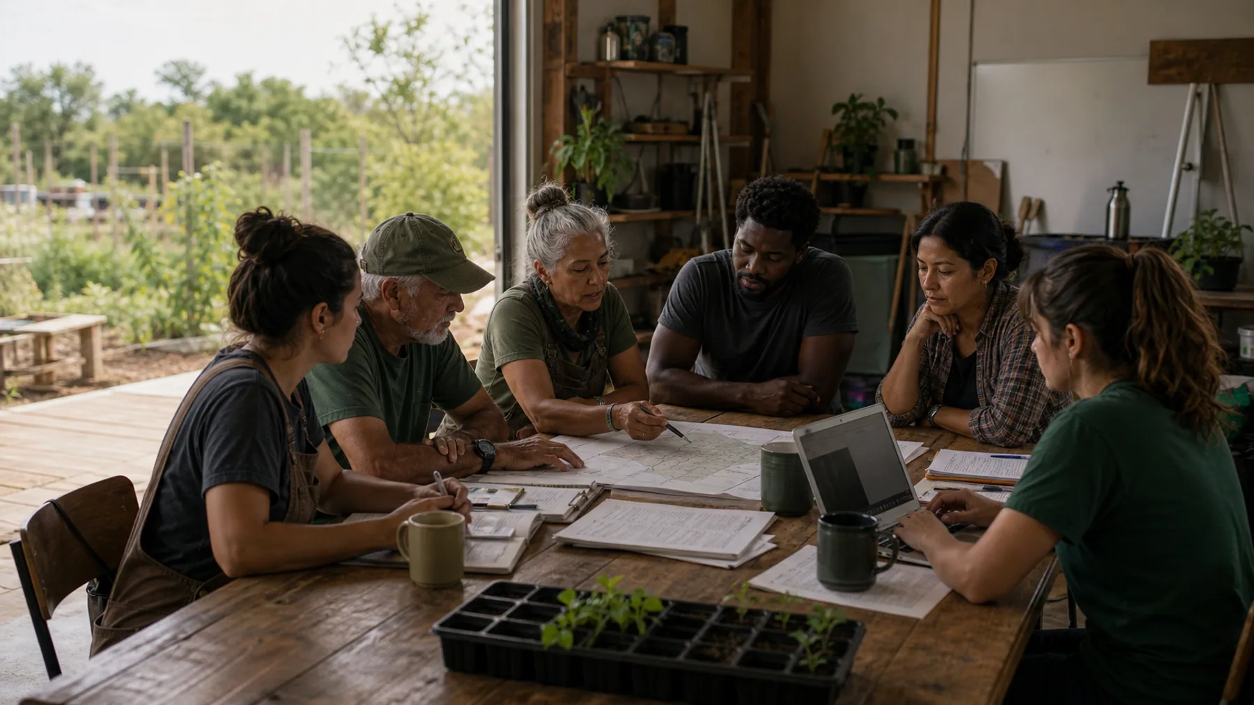 Community leaders reviewing plans around a work table at a garden site