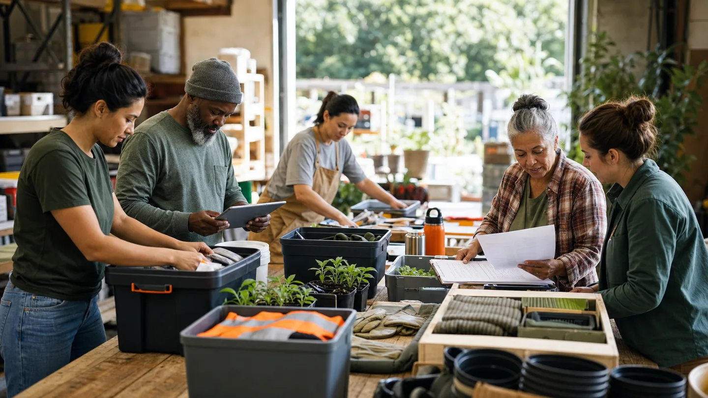 Volunteers and nonprofit coordinators organizing community project supplies in a workspace.