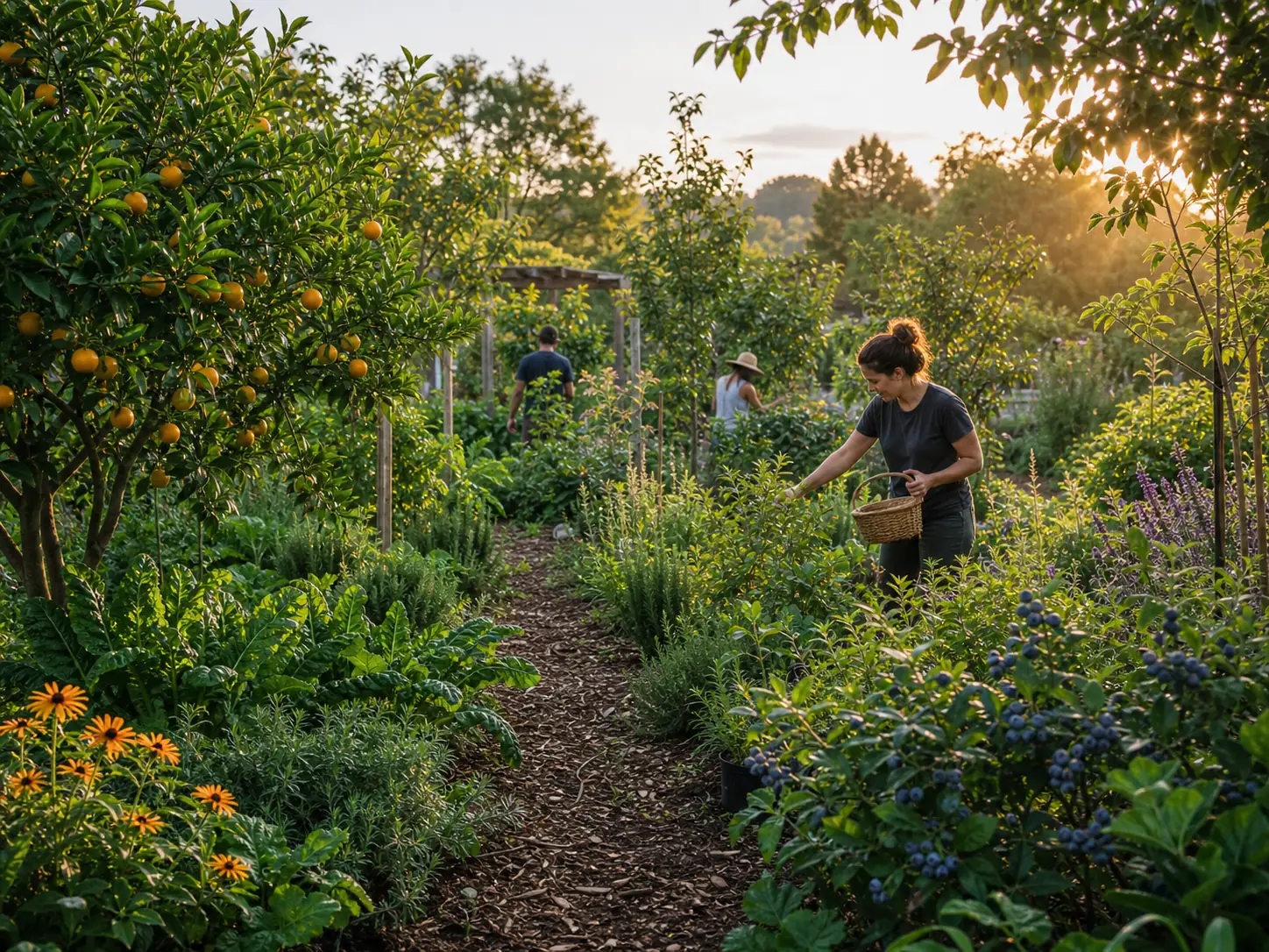Food forest with people harvesting among fruit trees